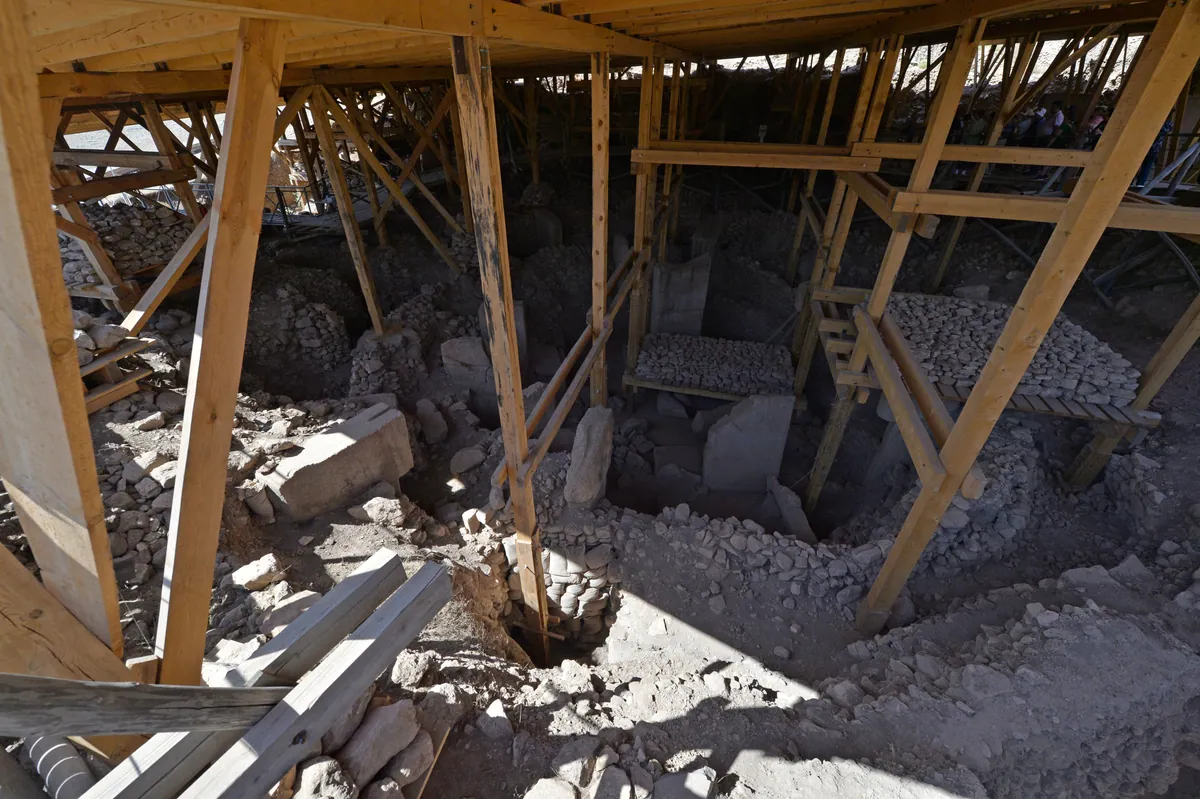 Stone walls and excavation floor are seen from above among timber roof supports.